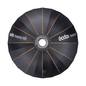 Godox_Parabolic_158_Reflector_Kit_003 The black Godox Parabolic 158 reflector set features orange brackets on the top, a circular metal bracket in the middle and the brand and model printed in white on the fabric.