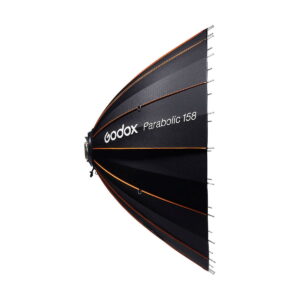 Godox_Parabolic_158_Reflector_Kit_004 The Godox Parabolic 158 reflector set, black with orange border, is visible in profile against a white background. The brand and model are shown in white text on the side.