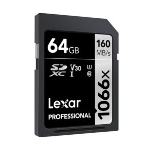 Lexar-Pro-1066x-U3-UHS-I-R160-W70-64GB-2 Lexar Pro 1066x U3 UHS-I R160/W120 512 Gt:n muistikortin lukunopeus on 160 Mt/s, ja siinä on U3- ja Class 10 -merkinnät.
