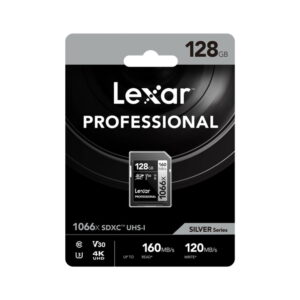 Lexar-Pro-1066x-U3-UHS-II-R160-W120-128GB-1 Lexar Pro 1066x U3 UHS-I R160/W120 128GB -muistikortti, tarjoaa 160MB/s luku- ja 120MB/s kirjoitusnopeuden, V30-luokitus 4K UHD:lle, vähittäismyyntipakkauksessa, osa Silver-sarjaa.