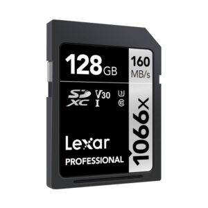 Lexar-Pro-1066x-U3-UHS-II-R160-W120-128GB-2 Lexar Pro 1066x U3 UHS-I R160/W120 128GB SDXC-muistikortti, jonka mustavalkoisessa etiketissä on V30, U3 ja Class 10.