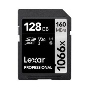 Lexar-Pro-1066x-U3-UHS-II-R160-W120-128GB-3 Lexar Pro 1066x U3 UHS-I R160/W120 128GB -muistikortti tarjoaa 128 Gt tallennustilaa, jopa 160 MB/s lukunopeuden, ja siinä on V30-, U3- ja Class 10 -merkinnät tyylikkäässä mustassa ja hopeisessa designissa.