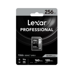 Lexar-Pro-1066x-U3-UHS-II-R160-W120-256GB-1 Lexar Pro 1066x U3 UHS-I R160/W120 256GB -muistikortti tarjoaa jopa 160MB/s luku- ja 120MB/s kirjoitusnopeuden, tukee V30- ja 4K UHD -muistia, ja se toimitetaan vähittäismyyntipakkauksessa osana Silver-sarjaa.