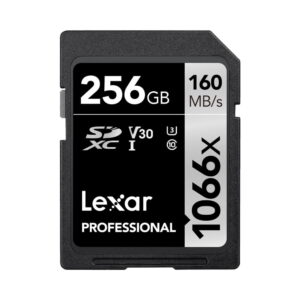 Lexar-Pro-1066x-U3-UHS-II-R160-W120-256GB-2 Lexar Pro 1066x U3 UHS-I R160/W120 256GB -muistikortti tarjoaa 256 Gt:n kapasiteetin, jopa 160 Mt/s lukunopeuden ja V30-, U3- ja Class 10 -luokituksen.