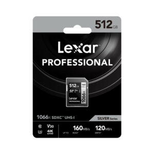 Lexar-Pro-1066x-U3-UHS-II-R160-W120-512GB-1 Lexar Pro 1066x U3 UHS-I muistikortti, 512GB (R160/W120MB/s) vähittäispakkauksessa; musta pakkaus hopea- ja valkotekstein.