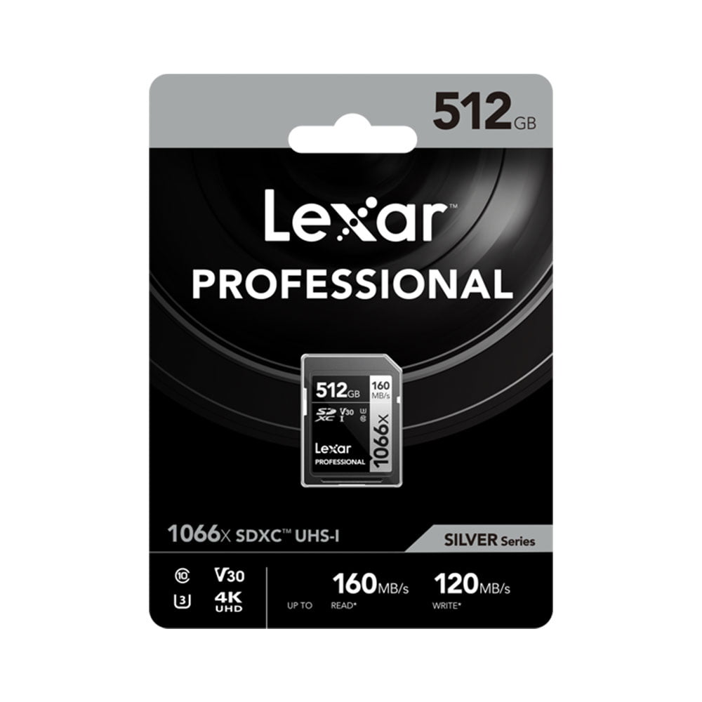 Lexar-Pro-1066x-U3-UHS-II-R160-W120-512GB-1 Lexar Pro 1066x U3 UHS-I muistikortti, 512GB (R160/W120MB/s) vähittäispakkauksessa; musta pakkaus hopea- ja valkotekstein.