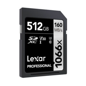 Lexar-Pro-1066x-U3-UHS-II-R160-W120-512GB-2 Lexar Pro 1066x U3 UHS-I R160/W120 512GB -muistikortti tarjoaa 512 Gt:n kapasiteetin, jopa 160 Mt/s lukunopeuden ja V30-, U3- ja Class 10 -suorituskyvyn valkoisessa ja mustassa etiketissä.