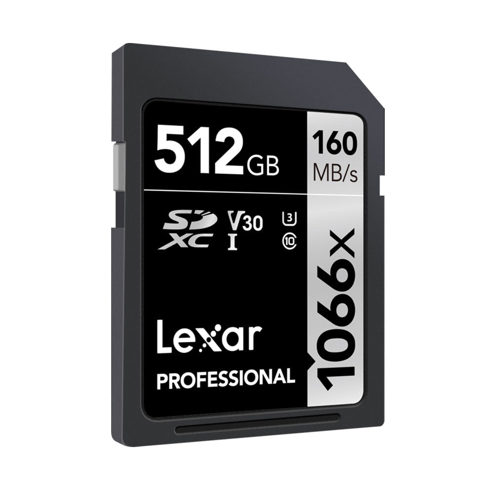 Lexar-Pro-1066x-U3-UHS-II-R160-W120-512GB-2 Lexar Pro 1066x U3 UHS-I R160/W120 512GB -muistikortti tarjoaa 512 Gt:n kapasiteetin, jopa 160 Mt/s lukunopeuden ja V30-, U3- ja Class 10 -suorituskyvyn valkoisessa ja mustassa etiketissä.