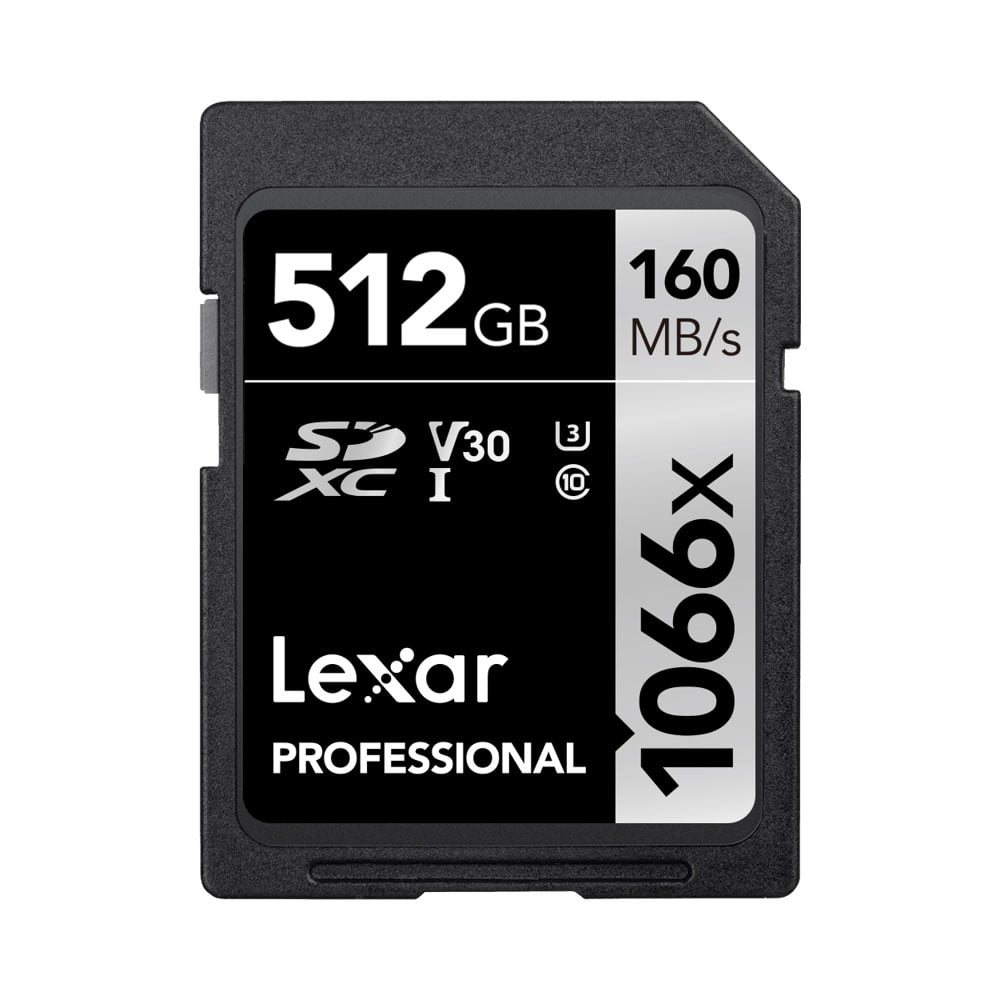 Lexar-Pro-1066x-U3-UHS-II-R160-W120-512GB-3 Lexar Pro 1066x U3 UHS-I R160/W120 512GB -muistikortti tarjoaa 512 Gt tallennustilaa, jopa 160 Mt/s lukunopeuden, V30-, UHS-I- ja U3-luokituksen. Kortissa on musta muotoilu valkoisella ja hopeisella merkinnällä.