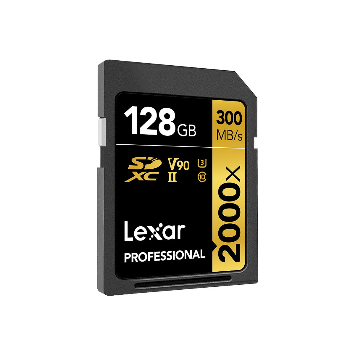 Lexar Pro 2000X SDHC/SDXC SDHC/SDXC UHS-II U3 (V90) 128GB muistikortti tarjoaa jopa 300MB/s luku- ja 260MB/s kirjoitusnopeuden, ja siinä on musta ja kultainen muotoilu, jossa on V90-, UHS-II- ja U3-merkinnät.