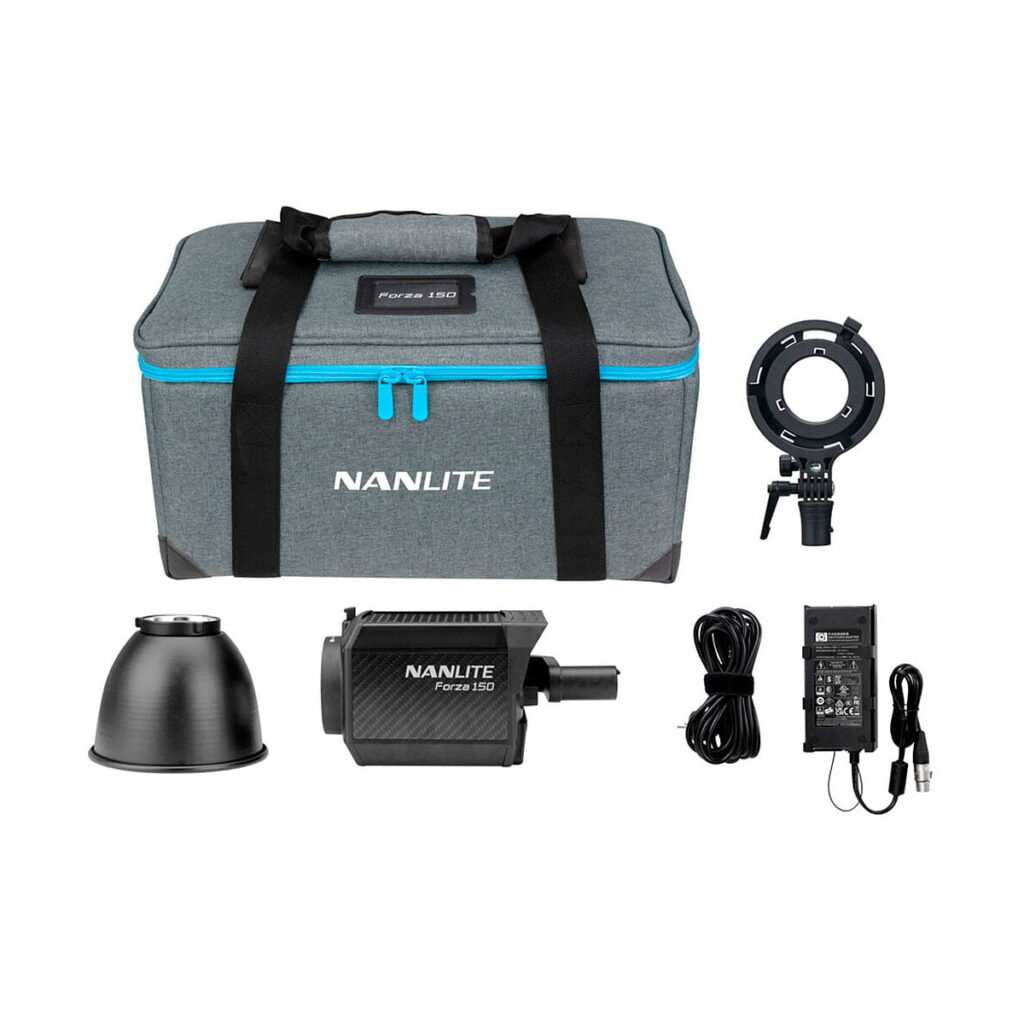Nanlite_Forza_150_001 NANLITE Forza 150 LED Monolight -valaisinsarja, jossa on harmaa kantolaukku, valopää, heijastin, virtalähde kaapeleineen ja kiinnike valkoisella pohjalla.