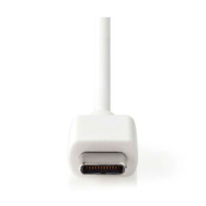 Nedis_Autolaturi_1x3_0A_USB-C_002 Lähikuva Nedis Autolaturi 1x3.0A USB-C-kaapelin liittimestä valkoisella pohjalla, jossa korostuvat portin sisällä olevat metallikontaktit.