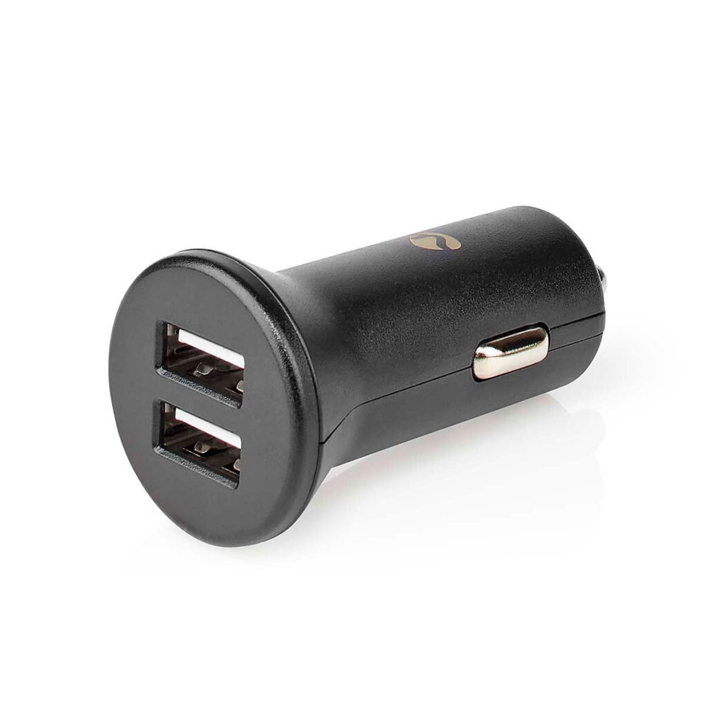 Nedis_Autolaturi_2x2_4A_USB-A_001 Nedis Car Charger 2x2.4A USB-A is a black, cylindrical, dual USB car charger with two USB ports, designed for vehicle cigarette lighter sockets and with a small logo on the side.