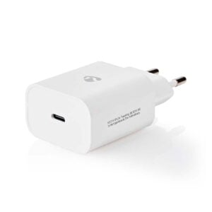 Nedis_Seinälaturi_1-Ulostulo_PD3_0_20W_USB-C_001 Nedis Wall Charger 1-Outlet PD3.0 20W USB-C is a white wall charger with two round metal spikes and a simple design with logo and small printed text on the side on a white background.
