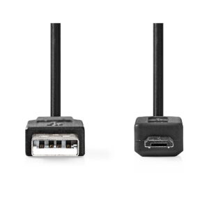Nedis USB A - USB Micro 1 metrin kaapelissa on mustat USB-A- ja mikro-USB-pistokkeet vierekkäin valkoista taustaa vasten, molemmat kiinni kaapeleissa.