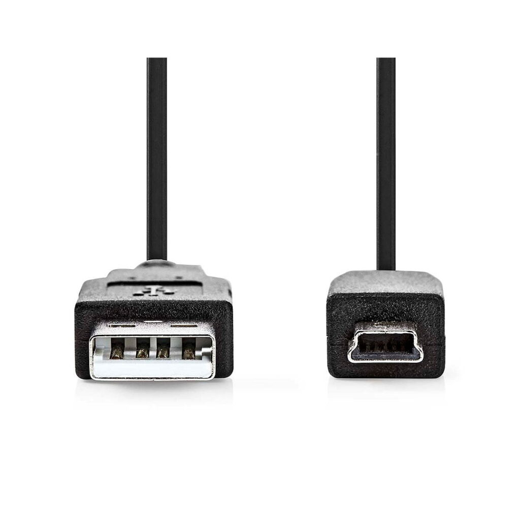 Nedis_USB_A-USB-Mini_2_metriä_001 Nedis USB A - USB Mini 2 meters: black cable with USB A connector on the left and Mini USB B connector on the right, with white background.