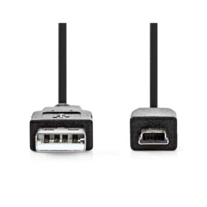 Nedis USB A - USB Mini 2 meters: black cable with USB A connector on the left and Mini USB B connector on the right, with white background.