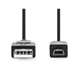 Nedis_USB_A-USB-Mini_2_metriä_001 Nedis USB A - USB Mini 2 metriä: musta kaapeli, jossa vasemmalla USB-A-liitin ja oikealla Mini USB-B-liitin valkoisella pohjalla.