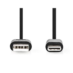 Nedis_USB_A-USB_C_1_metri_001 Nedis USB A - USB C 1 metri on musta kaapeli, jossa on USB-A-liitin vasemmalla puolella ja USB-C-liitin oikealla puolella valkoisella pohjalla.