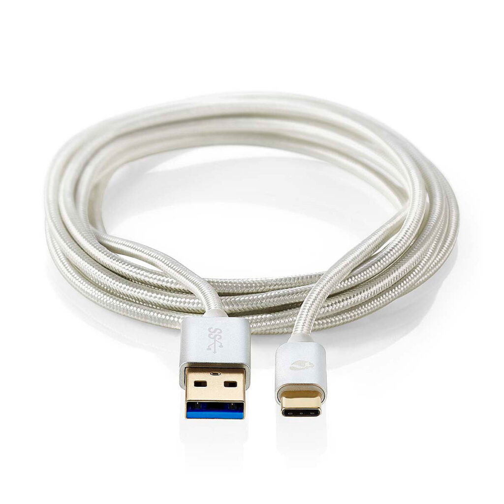 Nedis_USB_A-USB_C_2_metriä_USB_3_2_Gen_1_001 Nedis USB A - USB C 2 metriä USB 3.2 Gen 1 -kaapeli on valkoinen punottu kaapeli, jonka toisessa päässä on USB Type-A-liitin ja toisessa päässä USB Type-C-liitin.