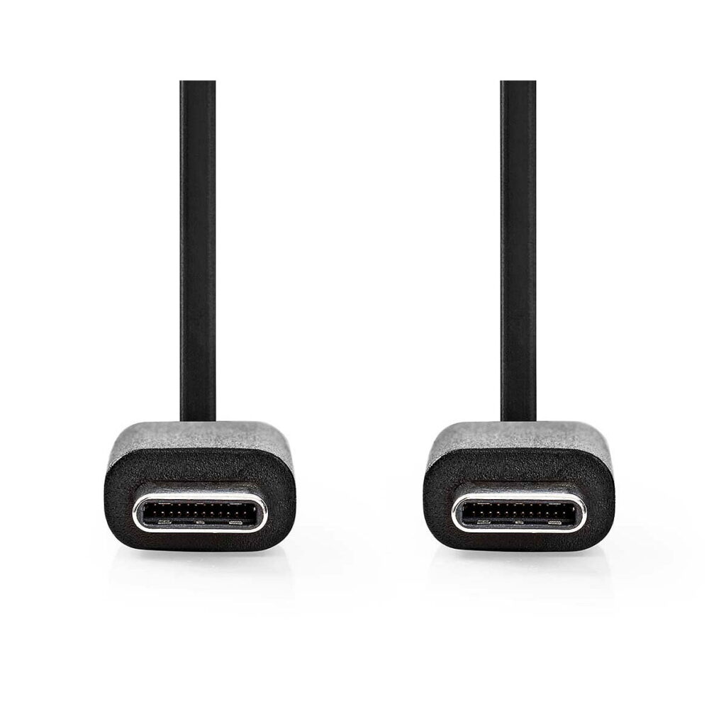 Nedis_USB_C-USB_C_1_metri_001 Two Nedis USB C - USB C 1 metre black cables with round ends are placed side by side on a white background with the connectors facing forward.