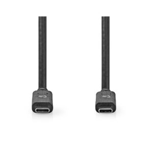 Nedis_USB_C-USB_C_2_metriä_001 Kaksi mustaa Nedis USB C - USB C 2 metriä USB 3.2 Gen 1 -kaapelia on kuvattu vastakkain valkoisella pohjalla, ja molemmat liittimet näkyvät selvästi päissä.