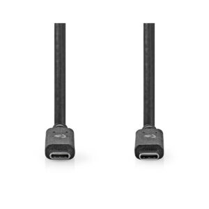 Nedis_USB_C-USB_C_2_metriä_001 Kaksi mustaa Nedis USB C - USB C 2 metriä USB 3.2 Gen 1 -kaapelia on kuvattu vastakkain valkoisella pohjalla, ja molemmat liittimet näkyvät selvästi päissä.
