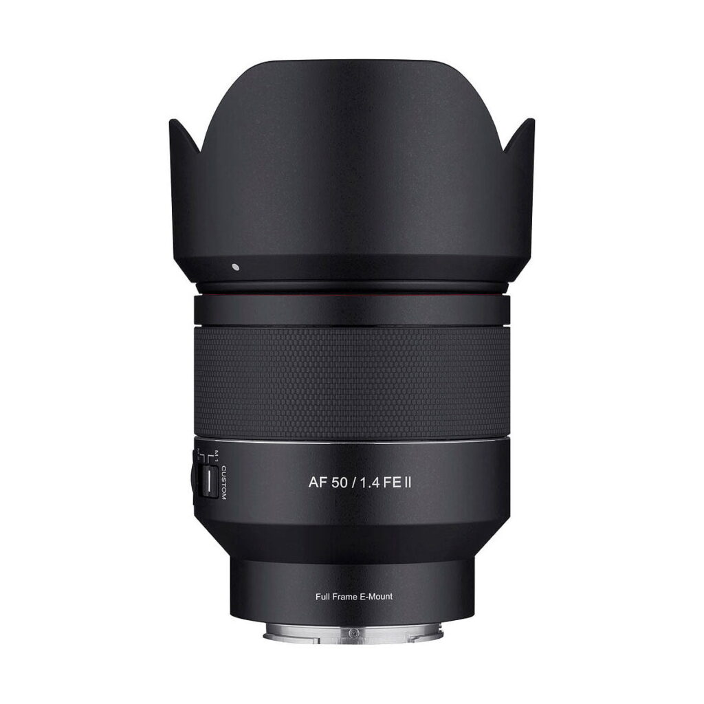 Samyang_AF_50mm_f_1_4_EF_II_001 The Samyang AF 50mm f/1.4 II - Sony FE lens with backlight protection and focus ring is shown on a white background, with the labels "AF 50/1.4 FE II" and "Full Frame E-Mount".