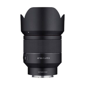 Samyang_AF_50mm_f_1_4_EF_II_001 The Samyang AF 50mm f/1.4 II - Sony FE lens with backlight protection and focus ring is shown on a white background, with the labels "AF 50/1.4 FE II" and "Full Frame E-Mount".