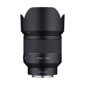 Samyang_AF_50mm_f_1_4_EF_II_001 The Samyang AF 50mm f/1.4 II - Sony FE lens with backlight protection and focus ring is shown on a white background, with the labels "AF 50/1.4 FE II" and "Full Frame E-Mount".