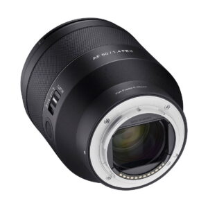 Samyang_AF_50mm_f_1_4_EF_II_004 A close-up of the Samyang AF 50mm f/1.4 II - Sony FE lens shows its black exterior, metal mount, control dials, textured grip and "AF 50/1.4 FE II" marking.