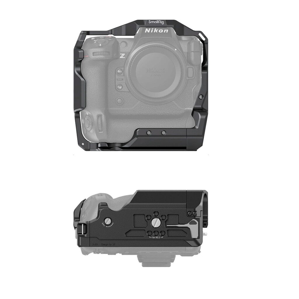 SmallRig_Cage_for_Nikon_Z9_3195_002 Kaksi näkymää SmallRig Cage for Nikon Z9 3195 -musta suojakiinnikkeestä edestä ja alhaalta sekä puoliksi läpinäkyvä harmaa kuva kameran rungosta.