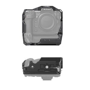 SmallRig_Cage_for_Nikon_Z9_3195_002 Kaksi näkymää SmallRig Cage for Nikon Z9 3195 -musta suojakiinnikkeestä edestä ja alhaalta sekä puoliksi läpinäkyvä harmaa kuva kameran rungosta.