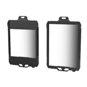 SmallRig_Mini_Matte_Box_Lite_3575_003 The picture shows two SmallRig Mini Matte Box Lite 3575 units side by side. The unit on the left partially covers the sheet, while the unit on the right shows the entire sheet. Both box units are black, rectangular, with sturdy handles and metal edges.