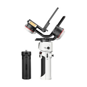 Zhiyun-Tech_Crane_M3_000 Zhiyun Crane M3 - Gimbaali, valkoinen käsikäyttöinen gimbal-stabilisaattori, jossa on mustat korostukset, seisoo pystyssä irrotettavan mustan kolmijalkajalustan vieressä, molemmat valkoista taustaa vasten.