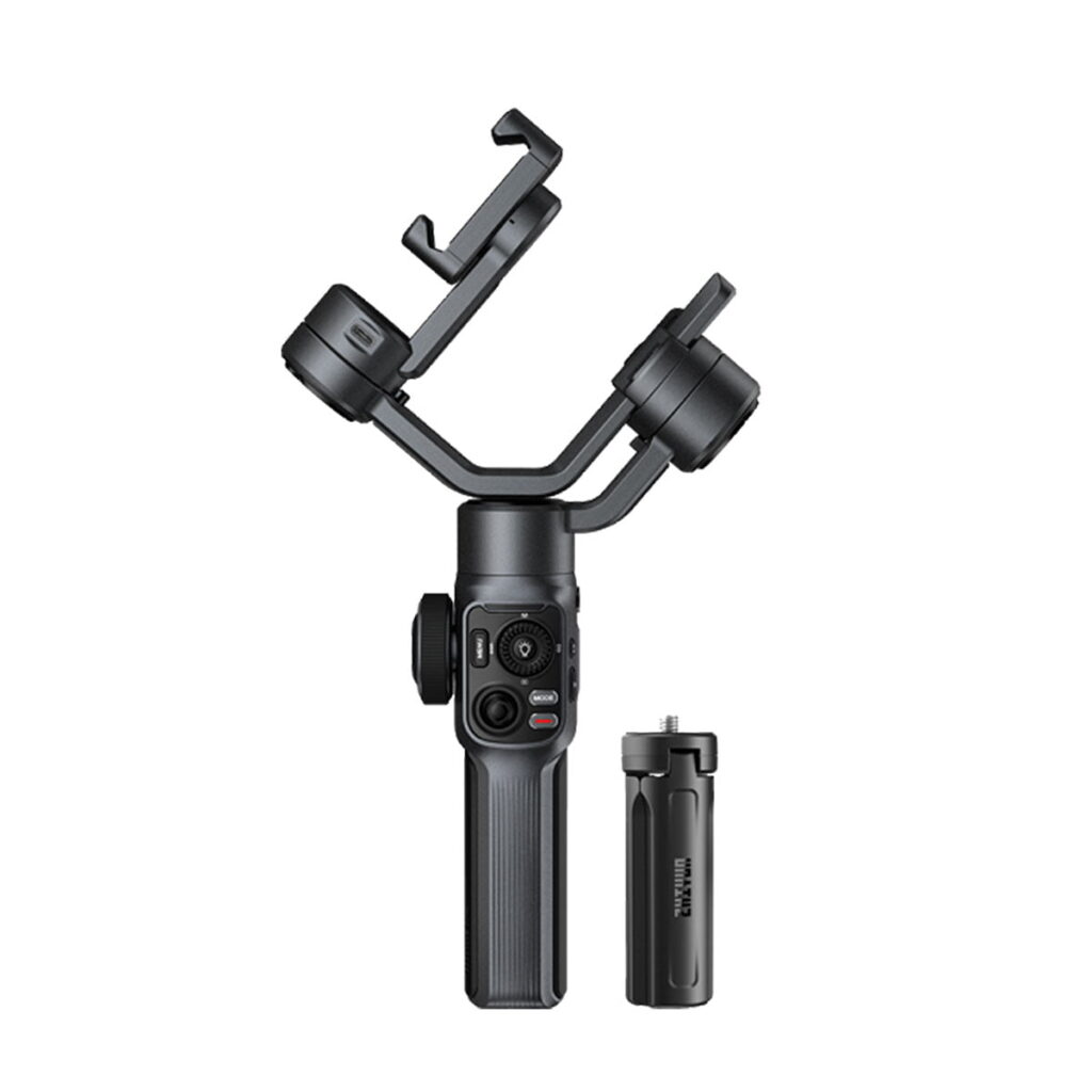 Zhiyun_Smooth_5_004 Zhiyun Smooth 5 älypuhelimille on musta käsikäyttöinen gimbaalivakaaja, jossa on ohjauspainikkeet ja irrotettava jalusta, joka on suunniteltu vakaaseen älypuhelimen videokuvaukseen.