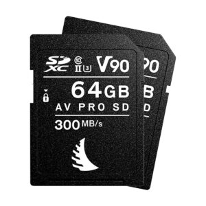 angelbird_v90_64gb_uhs_ii_2pack Kaksi päällekkäistä ANGELBIRD 64GB AV Pro Mk 2 V90 UHS-II SDXC-korttia (2-pack), musta, merkinnällä SDXC, V90, UHS-II, U3 ja 300 MB/s lukunopeudella.