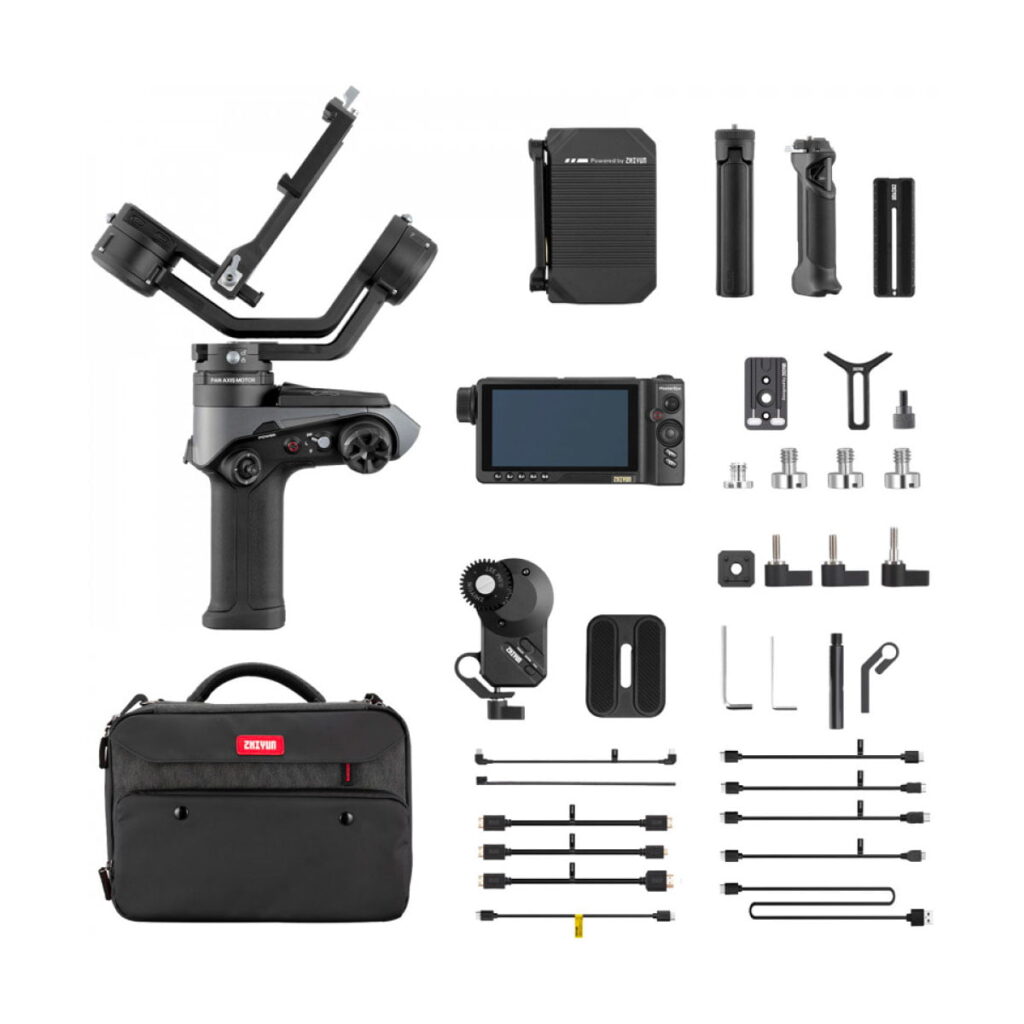 zhiyun_weebill_2_pro_plus_01 Zhiyun Weebill 2 Pro Plus -pakkaus, jossa on käsikannettava gimbaali, monitori, vaihteet, kiinnikkeet, kaapelit, jalusta, akut, kantolaukku ja lisävarusteet, on siististi esillä valkoisella pohjalla.