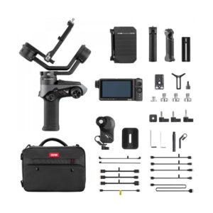 zhiyun_weebill_2_pro_plus_01 Zhiyun Weebill 2 Pro Plus -pakkaus, jossa on käsikannettava gimbaali, monitori, vaihteet, kiinnikkeet, kaapelit, jalusta, akut, kantolaukku ja lisävarusteet, on siististi esillä valkoisella pohjalla.
