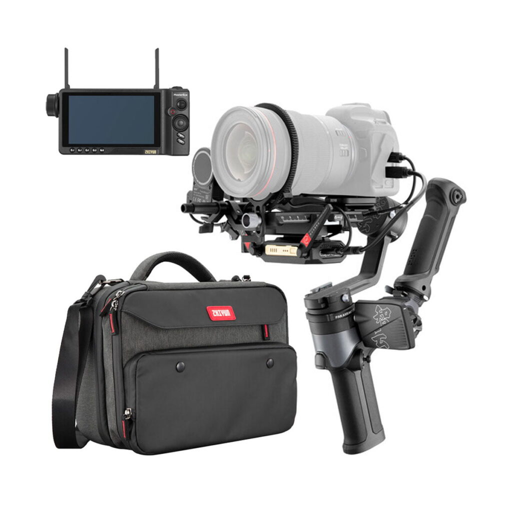 zhiyun_weebill_2_pro_plus_02 Zhiyun Weebill 2 Pro Plus -vakain, kuvassa kiinnitetty DSLR-kamera, ammattikäyttöön tarkoitettu monitori ja musta kantolaukku valkoista taustaa vasten.