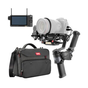 zhiyun_weebill_2_pro_plus_02 Zhiyun Weebill 2 Pro Plus -vakain, kuvassa kiinnitetty DSLR-kamera, ammattikäyttöön tarkoitettu monitori ja musta kantolaukku valkoista taustaa vasten.