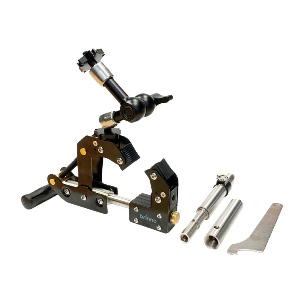Brinno_ACC1000P_Camera_Clamp_Plus_001 The Brinno ACC1000P Camera Clamp Plus with adjustable arms and joints, cylindrical extension, metal rod and flat tool is shown in white.