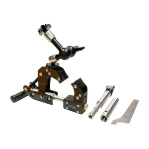 Brinno_ACC1000P_Camera_Clamp_Plus_001 The Brinno ACC1000P Camera Clamp Plus with adjustable arms and joints, cylindrical extension, metal rod and flat tool is shown in white.