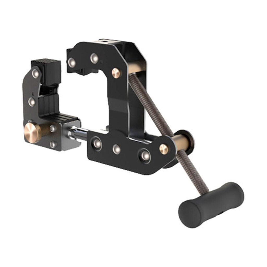 Brinno_BCC_2000_Bundle_Pack_003 The Brinno BCC2000 Bundle Pack, shown isolated on a white background, includes a black metal C-clamp with a large threaded screw handle for securing objects tightly together.