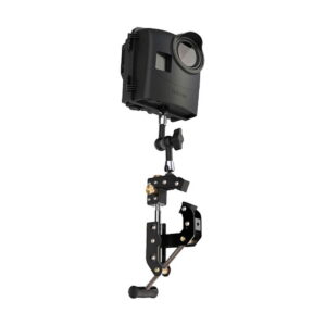 Brinno_BCC_2000_Bundle_Pack_004 The Brinno BCC2000 Bundle Pack includes a black motion camera mounted on an adjustable metal bracket with multiple joints and screws, designed to securely attach to a variety of surfaces or devices.