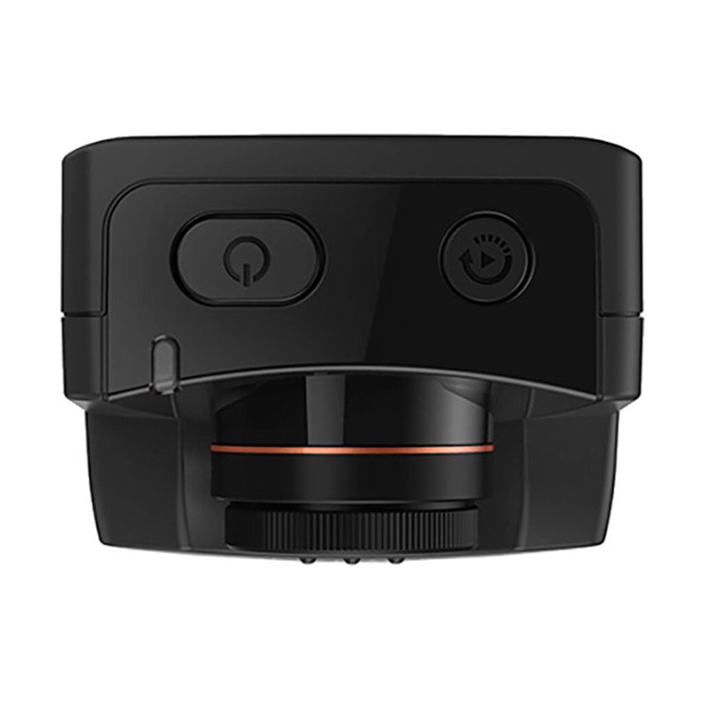 Brinno_TLC_2020_Timelapse_Camera_004 The Brinno TLC2020 Timelapse camera is a black device with a visible lens at the bottom centre and two top buttons - one with a power symbol and one with a round arrow - on a white background.