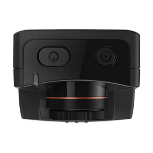 Brinno_TLC_2020_Timelapse_Camera_004 The Brinno TLC2020 Timelapse camera is a black device with a visible lens at the bottom centre and two top buttons - one with a power symbol and one with a round arrow - on a white background.