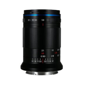 Laowa_85mm_f_5_6_2X_Ultra_Macro_APO_001 The Laowa 85mm f/5.6 2X Ultra-Macro APO - Sony FE is a black lens with a ribbed grip, blue accent ring and white and red aperture and focus markings against a white background.