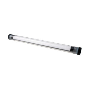 NANLITE_Waterproof_Tube_for_PavoTube_II_15X_002 NANLITE Waterproof Tube for PavoTube II 15X on kirkas lieriömäinen LED-putki, jossa on mustat päätykappaleet ja joka on suunniteltu teollisuus- tai hyötyvalaistukseen valkoista taustaa vasten.