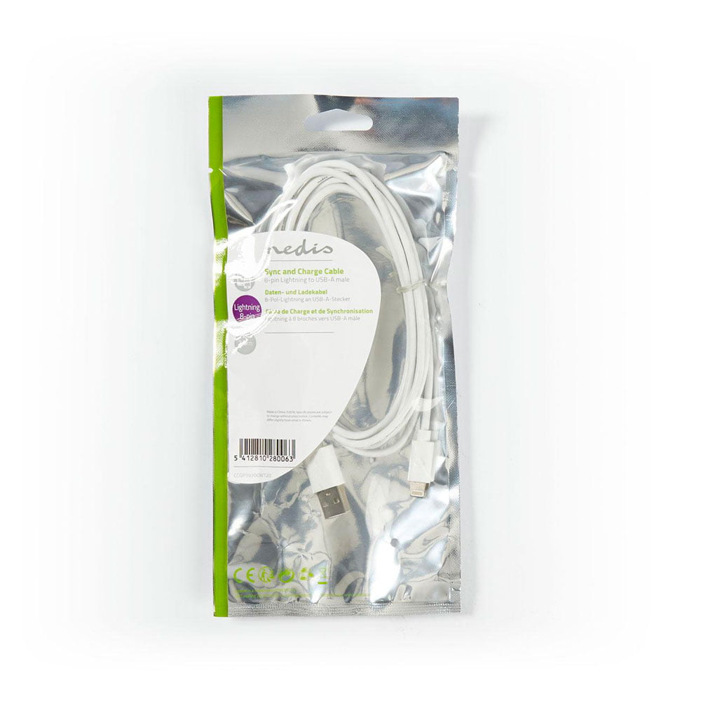 Nedis-USB-20---Apple-lightning-2m-01 Avaamaton Nedis USB A 2.0 - Apple Lightning -johto (2 m) vähittäismyyntipakkauksessa, jossa on läpinäkyvä etupuoli ja vihreä-hopea etiketti valkoisella pohjalla.